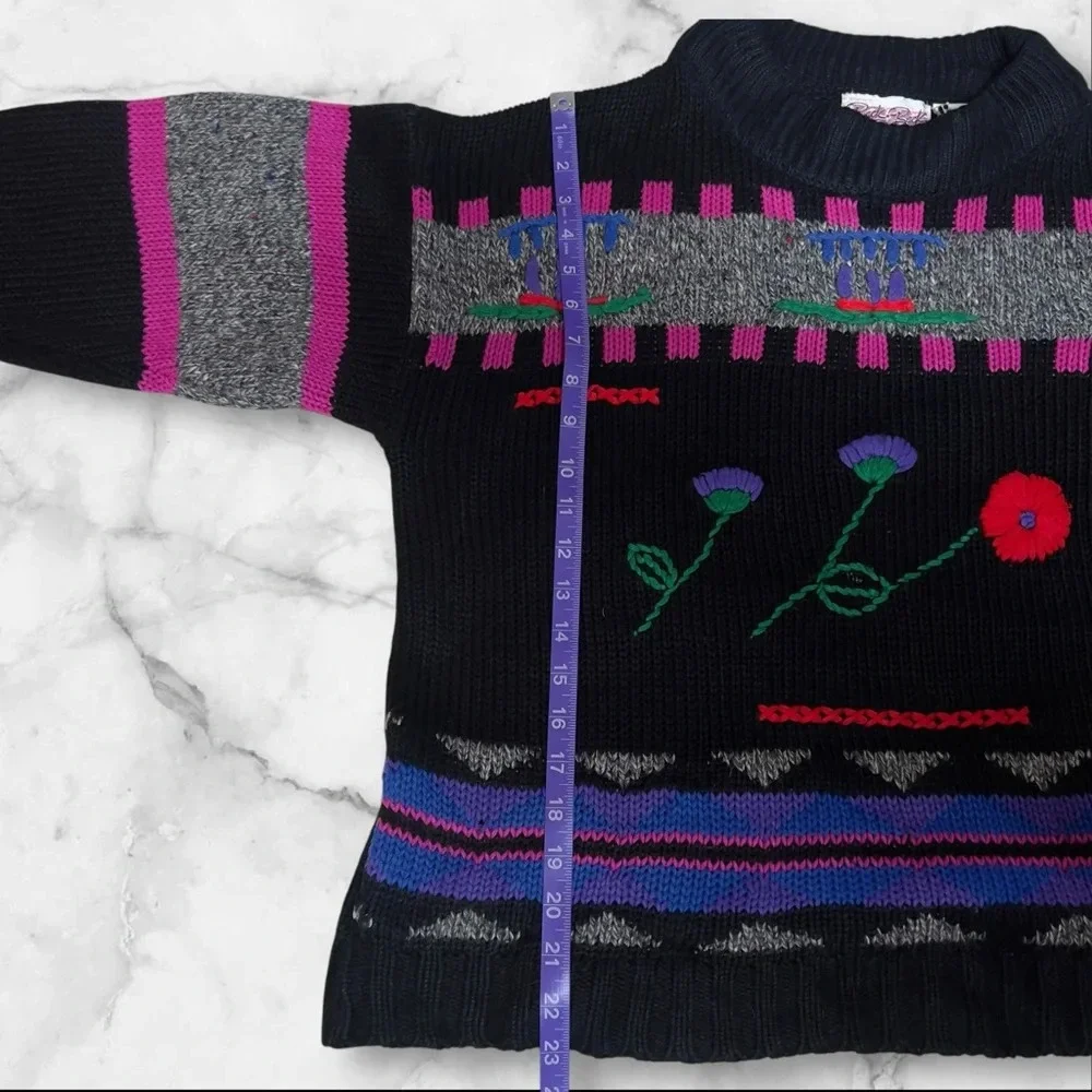 Vintage 80s Whimsigoth Floral Knit Sweater Mock Neck Artsy Grunge Pullover